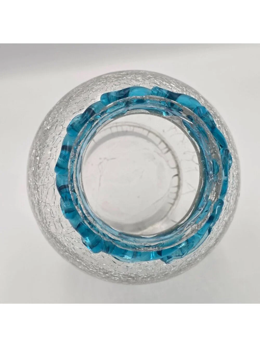 Hand-Blown Crackle Glass Small Vase Blue Swirl Rim 4